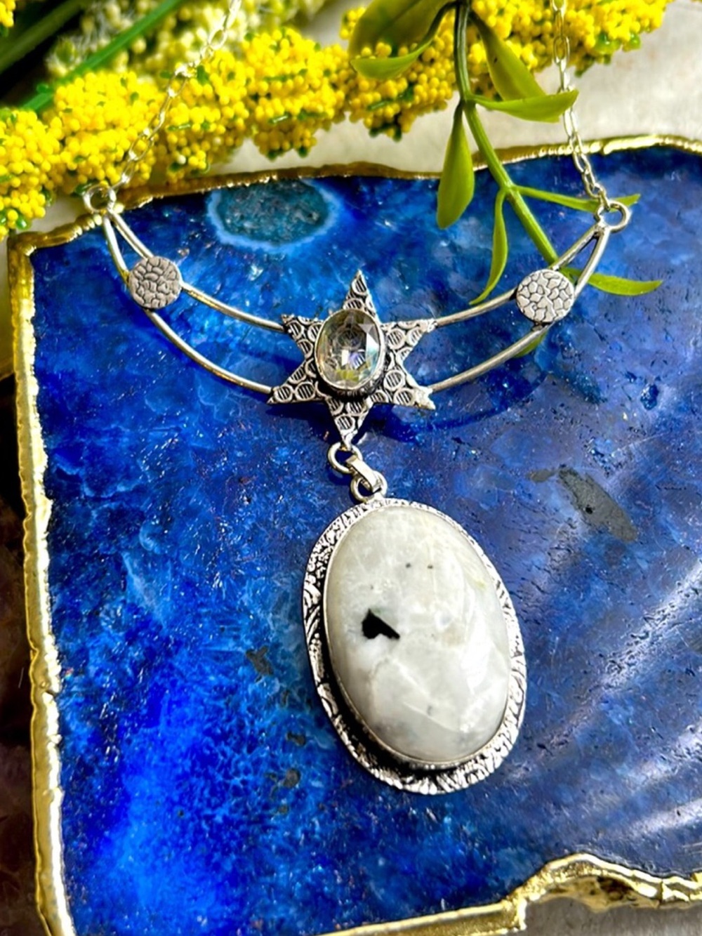 Stunning Vintage 925 Sterling Silver Star Moonstone Pendant Necklace ✨EUC 🌙